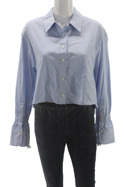 A.L.C. Womens Cropped Striped Button Up Blouse Light Blue Long Sleeve Size 6
