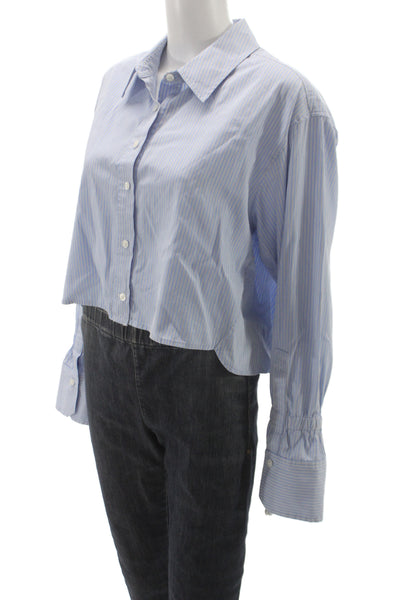 A.L.C. Womens Cropped Striped Button Up Blouse Light Blue Long Sleeve Size 6