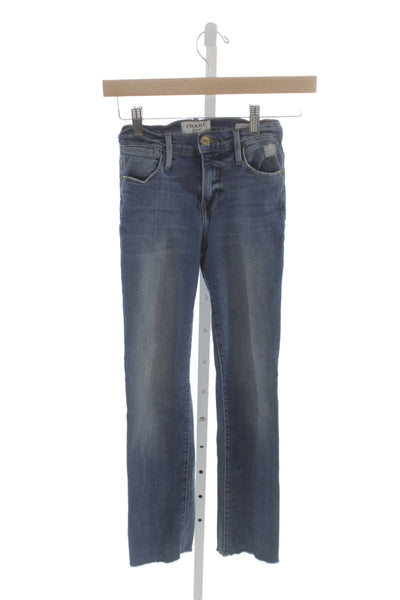 Frame Denim Women High Rise Straight Jeans Dark Blue Button Size 23