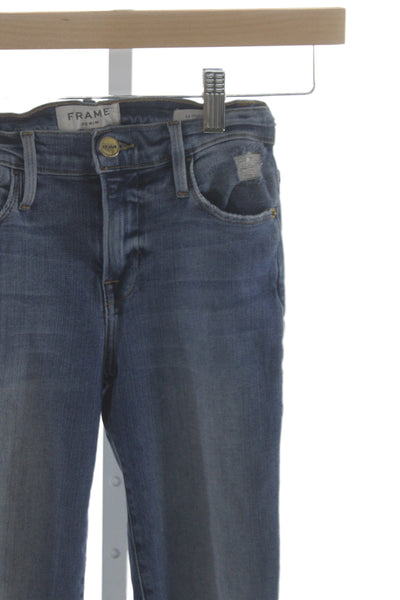Frame Denim Women High Rise Straight Jeans Dark Blue Button Size 23