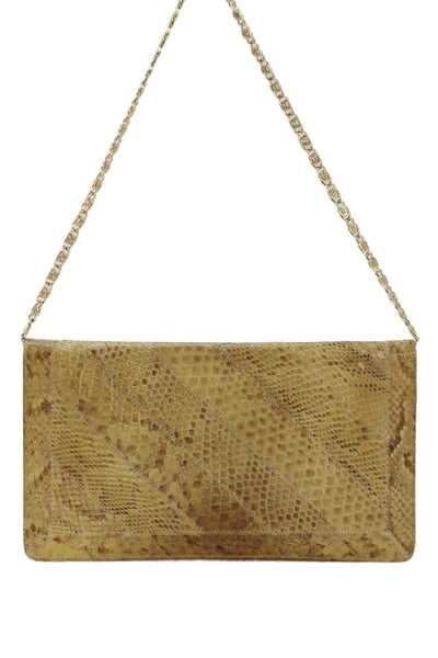 Bags by Varon Womens Snakeskin Flap Gold Tone Shoulder Handbag Beige