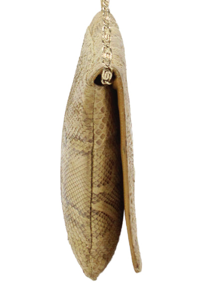 Bags by Varon Womens Snakeskin Flap Gold Tone Shoulder Handbag Beige