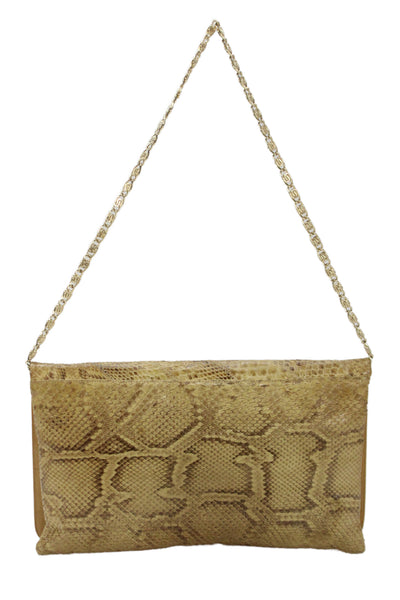 Bags by Varon Womens Snakeskin Flap Gold Tone Shoulder Handbag Beige