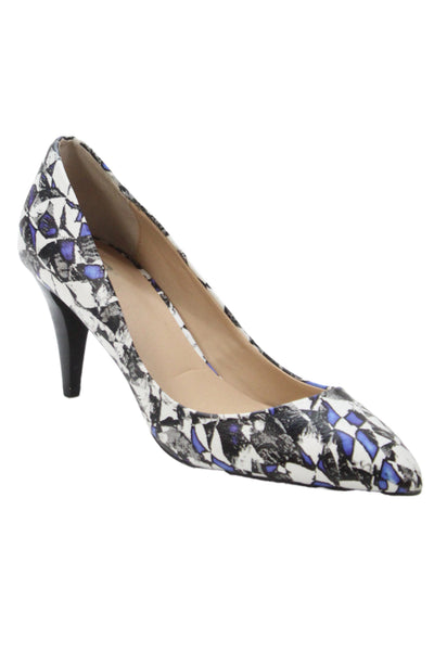 Joes Womens Leather Abstract Print Pointed Toe Pumps White Blue Size 7.5 Medium