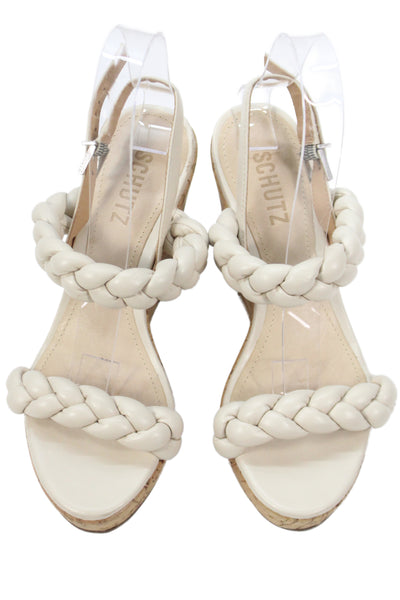Schutz Womens Leather Braided Cork Platform Wedge Sandals White Size 7.5 B