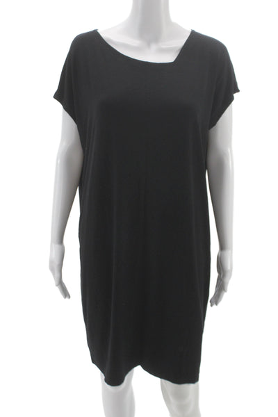 Eileen Fisher Women Shift Dress Black Short-Sleeve Cotton Knee Length Size M