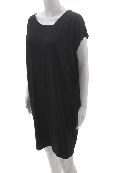 Eileen Fisher Women Shift Dress Black Short-Sleeve Cotton Knee Length Size M