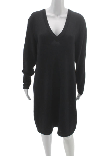 St. John Basics Womens Sweater Dress Black V-Neck Long Sleeve Zip Size 12