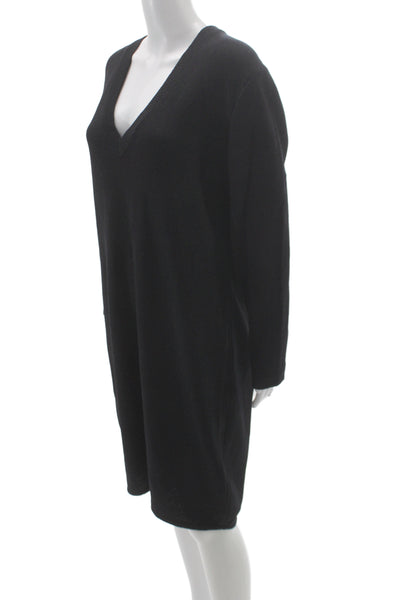 St. John Basics Womens Sweater Dress Black V-Neck Long Sleeve Zip Size 12