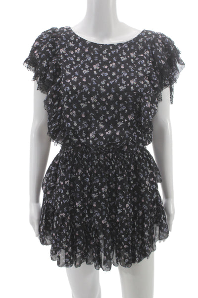 Love Shack Fancy Womens Black Floral Silk Fit and Flare Mini Dress Size XS
