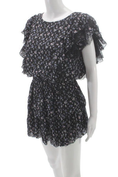Love Shack Fancy Womens Black Floral Silk Fit and Flare Mini Dress Size XS