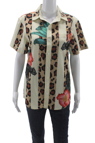 Mavrans Unisex Point Collar Button-Up Short Sleeve Animal Print Beige Size S