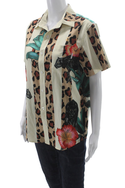 Mavrans Unisex Point Collar Button-Up Short Sleeve Animal Print Beige Size S