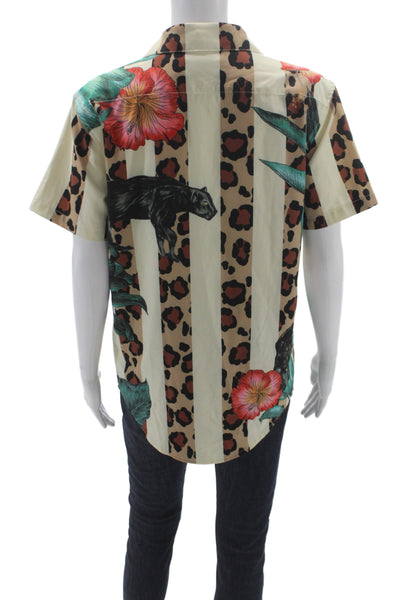 Mavrans Unisex Point Collar Button-Up Short Sleeve Animal Print Beige Size S