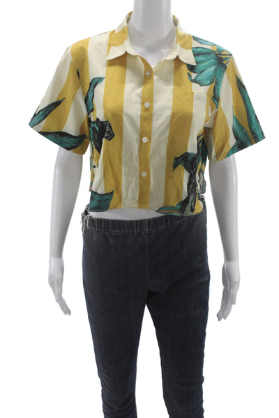 Mavrans Women Cropped Striped Yellow Button Up Collared Short Sleeve Top Size M