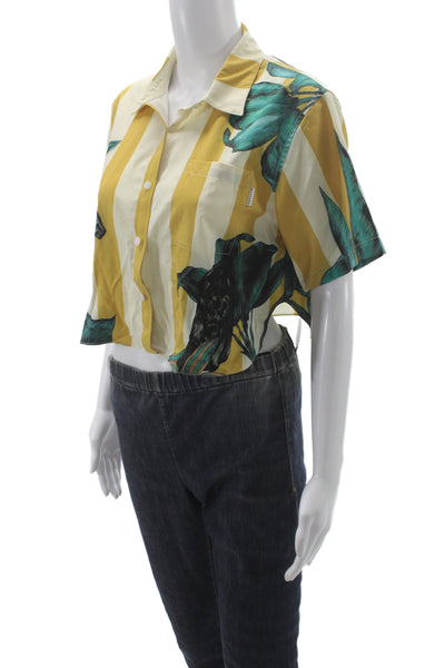 Mavrans Women Cropped Striped Yellow Button Up Collared Short Sleeve Top Size M