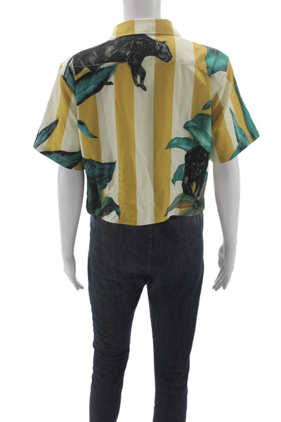 Mavrans Women Cropped Striped Yellow Button Up Collared Short Sleeve Top Size M
