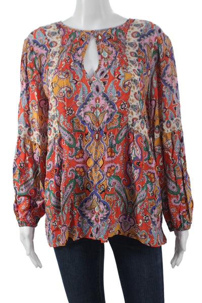 Shoshanna Women Tunic Blouse Red Paisley Long Sleeve Polyester Button Size 4