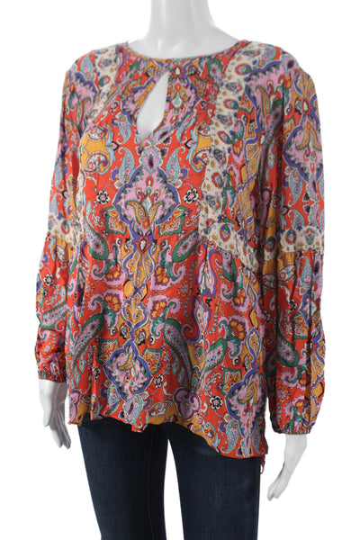 Shoshanna Women Tunic Blouse Red Paisley Long Sleeve Polyester Button Size 4