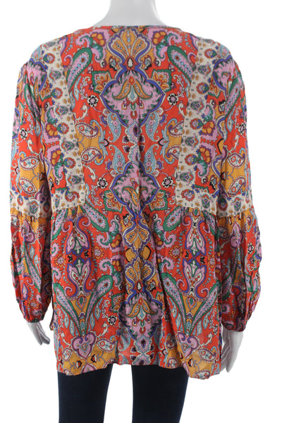Shoshanna Women Tunic Blouse Red Paisley Long Sleeve Polyester Button Size 4