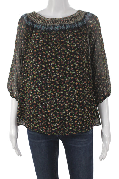 Shoshanna Women Black Silk Floral Tunic 3/4 Sleeve Round Neck Bohemian Size 6