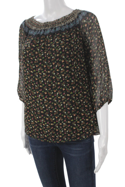 Shoshanna Women Black Silk Floral Tunic 3/4 Sleeve Round Neck Bohemian Size 6