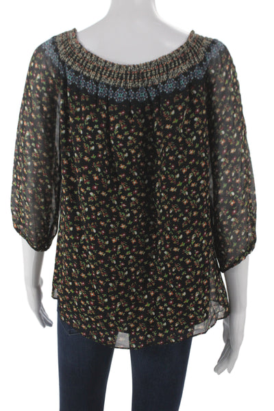 Shoshanna Women Black Silk Floral Tunic 3/4 Sleeve Round Neck Bohemian Size 6