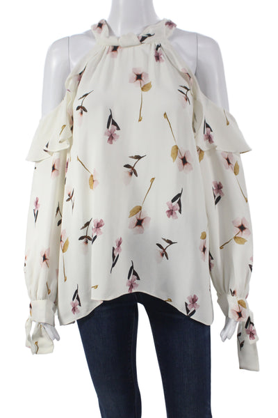 Shoshanna Womens White Silk High Neck Floral Long Sleeve Button Blouse Size M