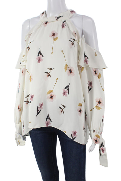 Shoshanna Womens White Silk High Neck Floral Long Sleeve Button Blouse Size M