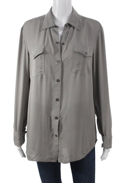 Vince Womens Gray Silk Collared Button Up Long Sleeve Basic Blouse Size M
