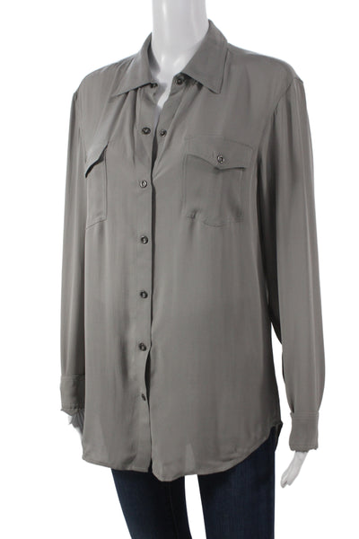 Vince Womens Gray Silk Collared Button Up Long Sleeve Basic Blouse Size M