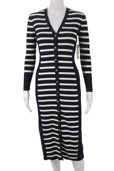 Shoshanna Womens Sweater Bodycon Dress Navy Striped VNeck Longsleeve Size M