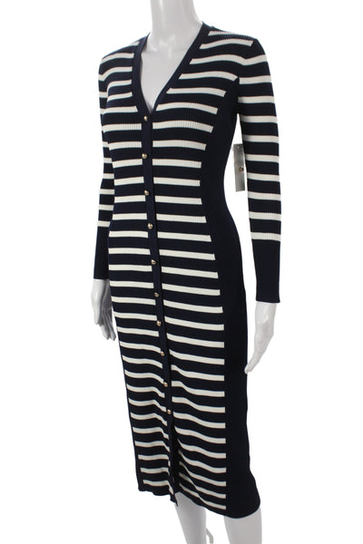 Shoshanna Womens Sweater Bodycon Dress Navy Striped VNeck Longsleeve Size M