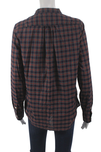 Ann Mashburn Women Dark Blue Plaid Cotton High Neck Button-Up Longsleeve Size M