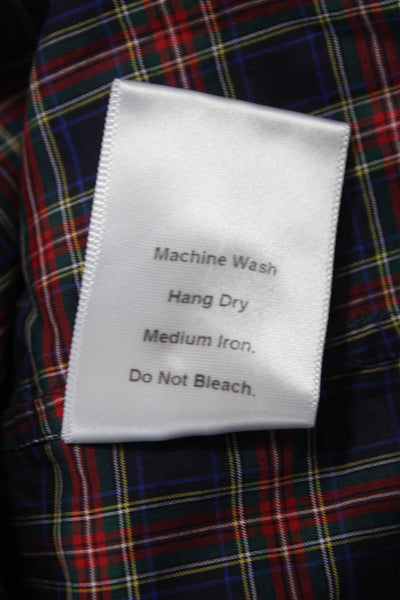 Ann Mashburn Women Dark Blue Plaid Cotton High Neck Button-Up Longsleeve Size M
