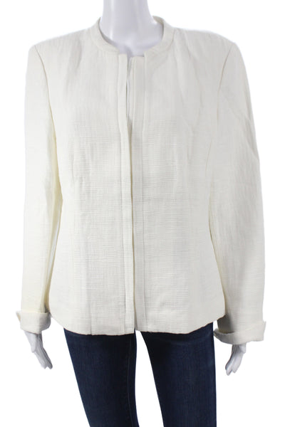 Lafayette 148 New York Womens White Cotton Linen Jacket Crew Neck Zip Size M