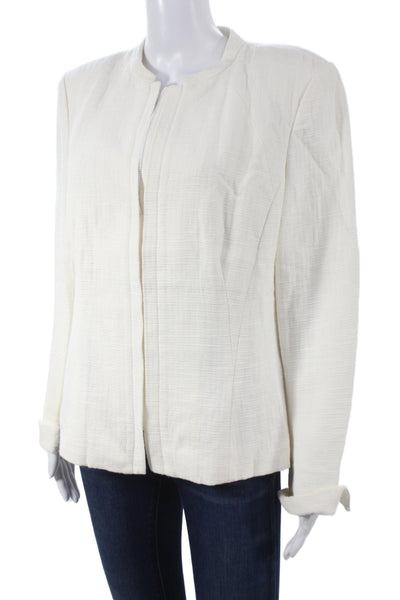 Lafayette 148 New York Womens White Cotton Linen Jacket Crew Neck Zip Size M