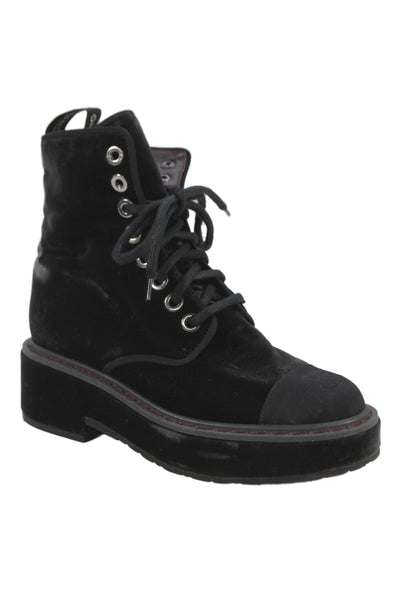 Chanel Womens Lace Up Block Heel CC Cap Toe Velvet Combat Ankle Boots Black 37