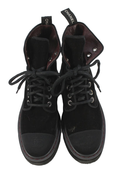 Chanel Womens Lace Up Block Heel CC Cap Toe Velvet Combat Ankle Boots Black 37