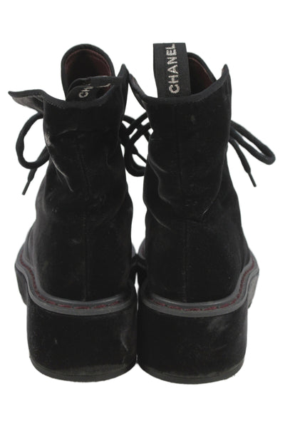 Chanel Womens Lace Up Block Heel CC Cap Toe Velvet Combat Ankle Boots Black 37