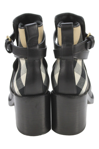 Burberry Womens Block Heel Nova Check Trim Leather Booties Black Size 36
