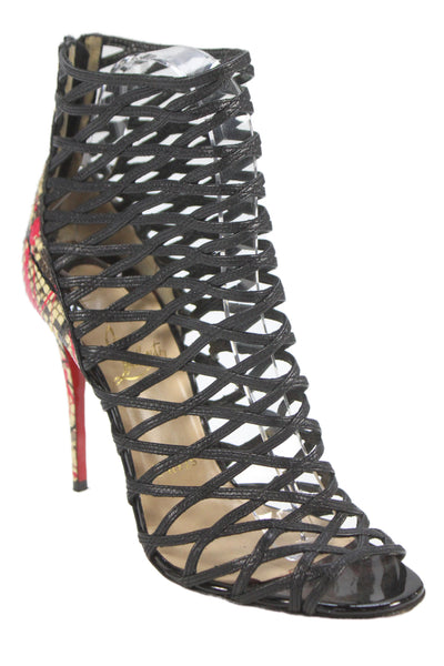 Christian Louboutin Womens Stiletto Snakeskin Trim Strappy Sandals Black Size 36