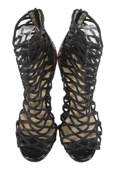 Christian Louboutin Womens Stiletto Snakeskin Trim Strappy Sandals Black Size 36