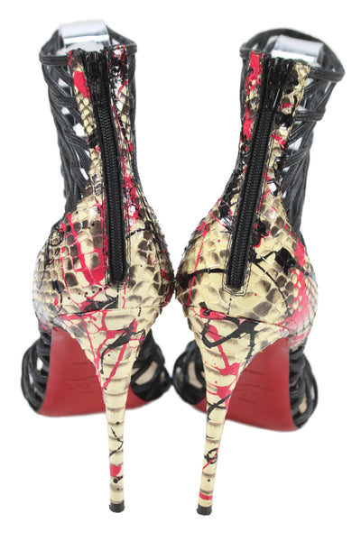 Christian Louboutin Womens Stiletto Snakeskin Trim Strappy Sandals Black Size 36