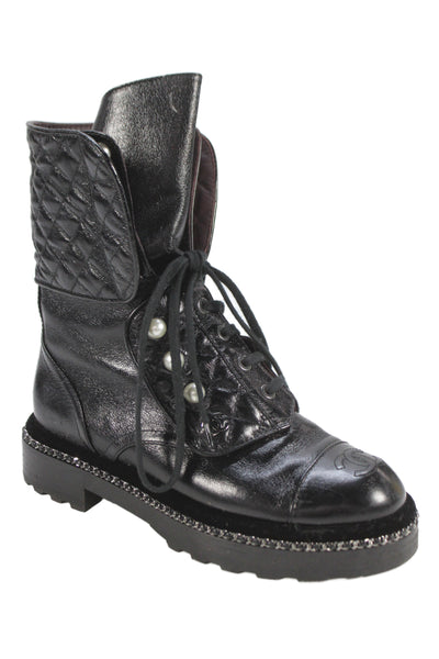 Chanel Womens Lace Up Faux Pearl CC Cap Toe Quilted Combat Boots Black Size 36