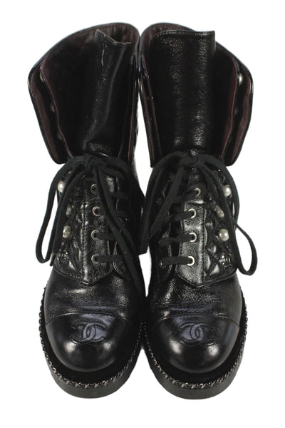 Chanel Womens Lace Up Faux Pearl CC Cap Toe Quilted Combat Boots Black Size 36