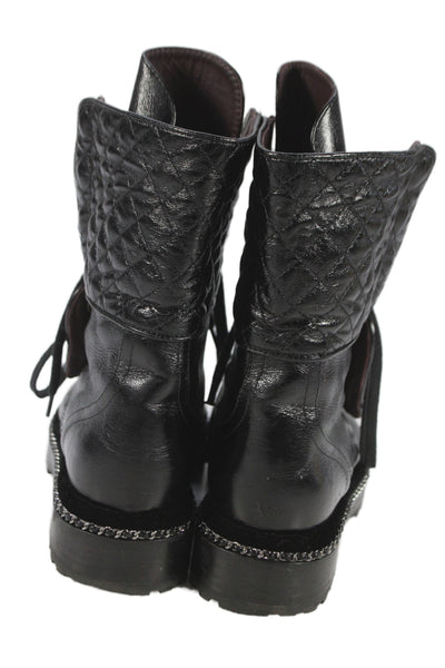 Chanel Womens Lace Up Faux Pearl CC Cap Toe Quilted Combat Boots Black Size 36