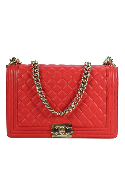 Chanel Womens Chain Strap Quilted Lambskin CC Flap Boy Bag Handbag Red