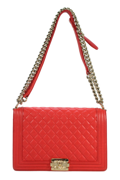 Chanel Womens Chain Strap Quilted Lambskin CC Flap Boy Bag Handbag Red