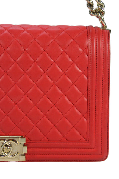 Chanel Womens Chain Strap Quilted Lambskin CC Flap Boy Bag Handbag Red
